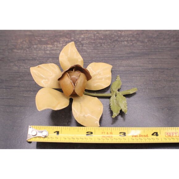 Vintage Enamel Yellow Flower Brooch Pin With Green Stem Large Petals 1970s 3x3" - Picture 7 of 9